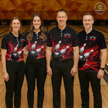 Four people wearing a black bowling polo shirt with dramatic red splatter graphics, a large black bowling ball, and flying pins, plus custom player name text.