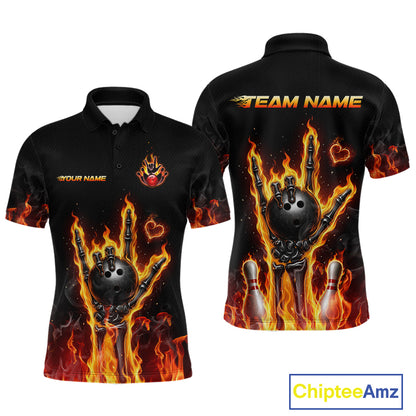 Black short-sleeve polo shirt shown from front and back with a bowling-themed flame graphic featuring a bowling ball, flaming hand, pins, and customizable text areas reading 'TEAM NAME' and 'YOUR NAME'.