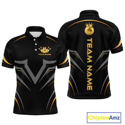Black short-sleeve polo shirt shown from the front and back, featuring gold and gray graphic designs, a crown logo with customizable text on the chest, and vertical team name text on the back. A ChipteeAmz logo is visible in the bottom right corner.