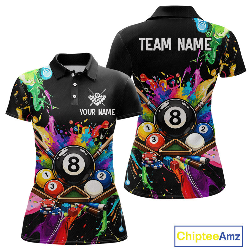 Colorful polo shirt with pool design on front and back, featuring 'TEAM NAME' and 'Your Name' text.