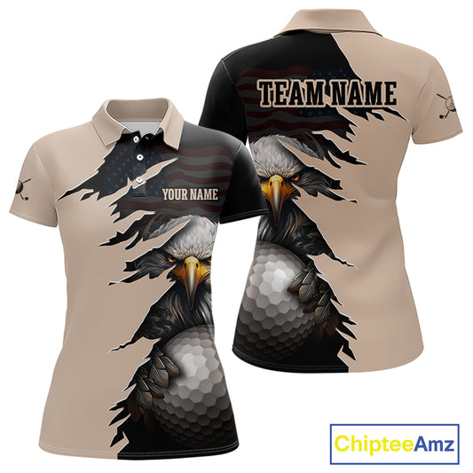 Personalized Eagle Golf Polo Shirt for Women featuring a patriotic American flag design, fierce bald eagle holding a golf ball, custom name and team name, beige and black performance golf jersey for golfers and golf teams.