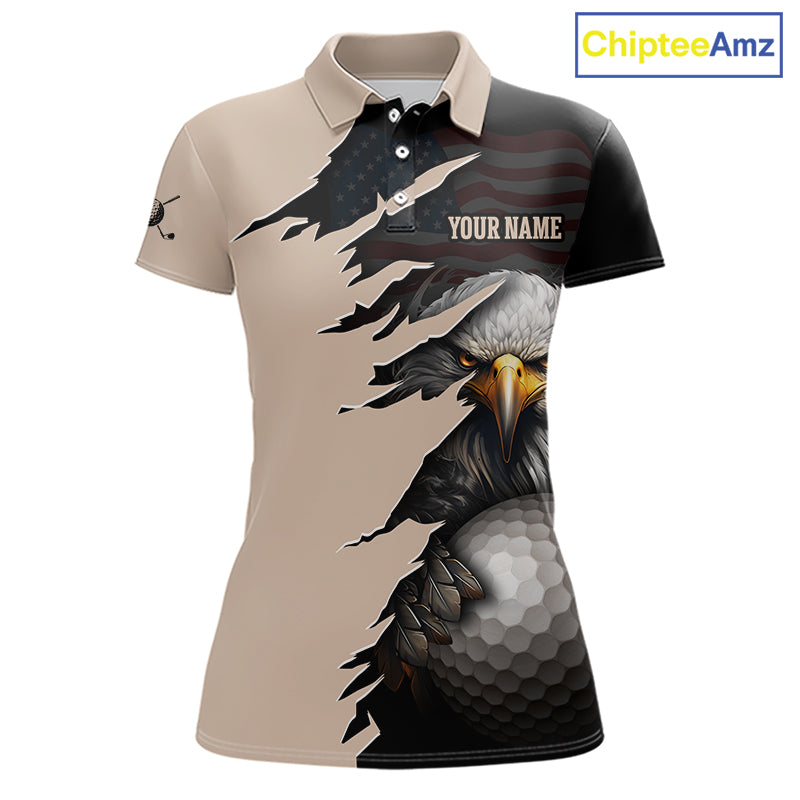 Personalized Eagle Golf Polo Shirt for Women front view featuring a patriotic American flag design, fierce bald eagle holding a golf ball, custom name and team name, beige and black performance golf jersey for golfers and golf teams.