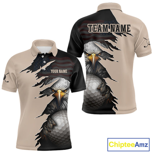 A short-sleeve polo shirt with a split design: the left side is beige with a torn-paper effect revealing a bald eagle and golf ball graphic, while the right side is black with a faded American flag pattern. The shirt includes placeholder text reading 'YOUR NAME' on the chest and a 'ChipteeAmz' logo in the top right corner.