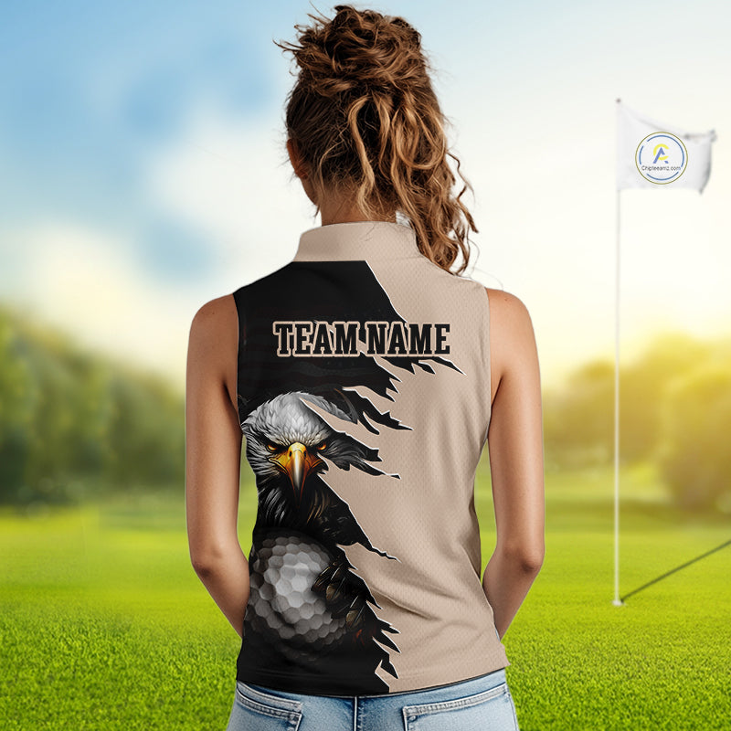 Women wearing a Personalized Eagle Golf Sleeveless Polo Shirt featuring a fierce bald eagle holding a golf ball, distressed American flag design, custom name and team name, beige and black performance golf jersey for women.