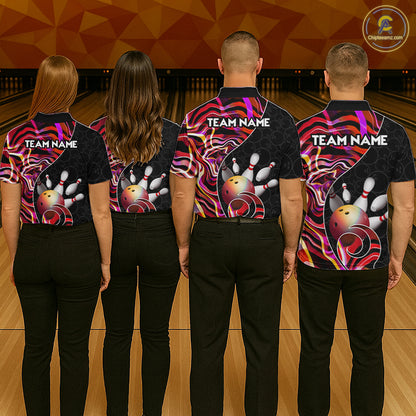 Custom Red Neon Wave Bowling Team Shirts, Strike Bowling Shirts For Men Bowling Jersey HNT465