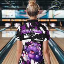 Load image into Gallery viewer, Woman wearing of a black, white, and purple bowling polo shirt featuring a cheerful purple hippo holding a bowling ball, with custom player name text.