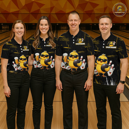 Four people wearing bowling polo shirt featuring a chick holding a bowling ball surrounded by smiling pins and beer graphics on black yellow background.
