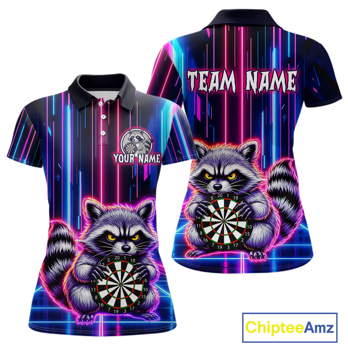 Front and back darts polo shirt featuring a raccoon holding a dartboard framed by neon light effects on a black background.