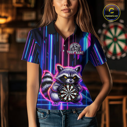 Women wearing darts polo shirt featuring a raccoon holding a dartboard framed by neon light effects on a black background.