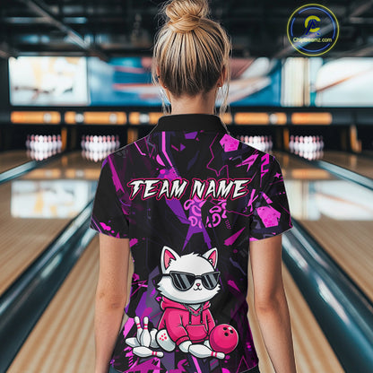 Custom Funny Cat Bowling Bowling Jersey for Women Bowling Team Shirts Polo & 1/4 Zip HNT194