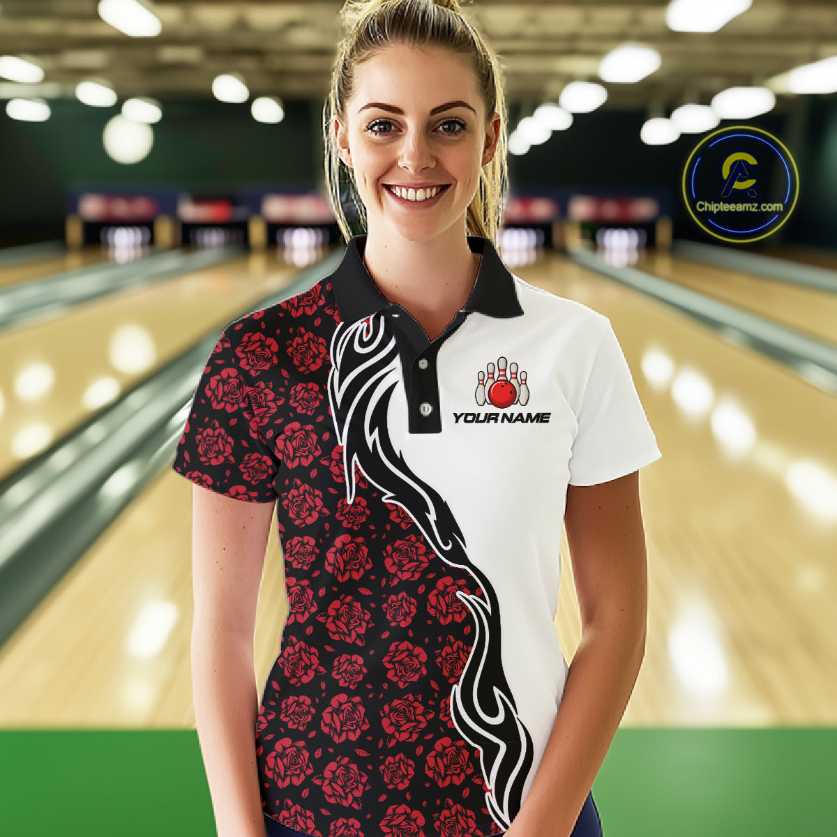 Custom Red Rose Flowers Bowling Jersey for Women Polo & 1/4 Zip Bowling Team Shirts HNT212