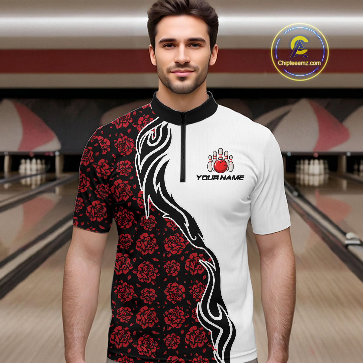 Custom Red Rose Flowers Bowling Jersey for Men Polo & 1/4 Zip Bowling Team Shirts HNT212