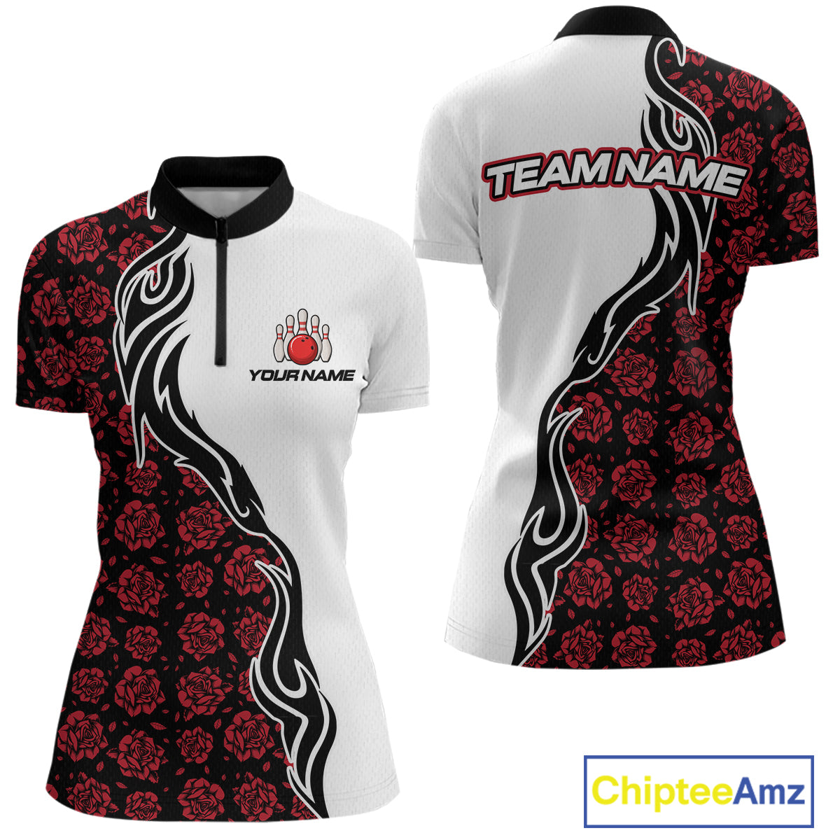 Custom Red Rose Flowers Bowling Jersey for Women Polo & 1/4 Zip Bowling Team Shirts HNT212