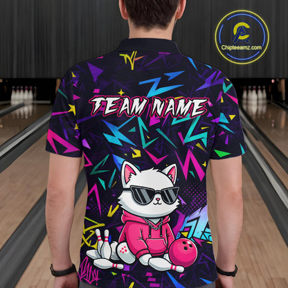 Man wearing a black bowling polo with neon geometric patterns, custom team text, and a white cat mascot in sunglasses holding a pink bowling ball.
