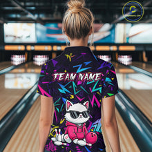 Load image into Gallery viewer, Woman wearing a black bowling quarter zip with neon geometric patterns, custom team text, and a white cat mascot in sunglasses holding a pink bowling ball.