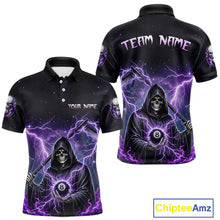 Load image into Gallery viewer, Front and back views of a black billiards polo with purple lightning, a hooded grim reaper holding an 8-ball, and custom team and player name text.
