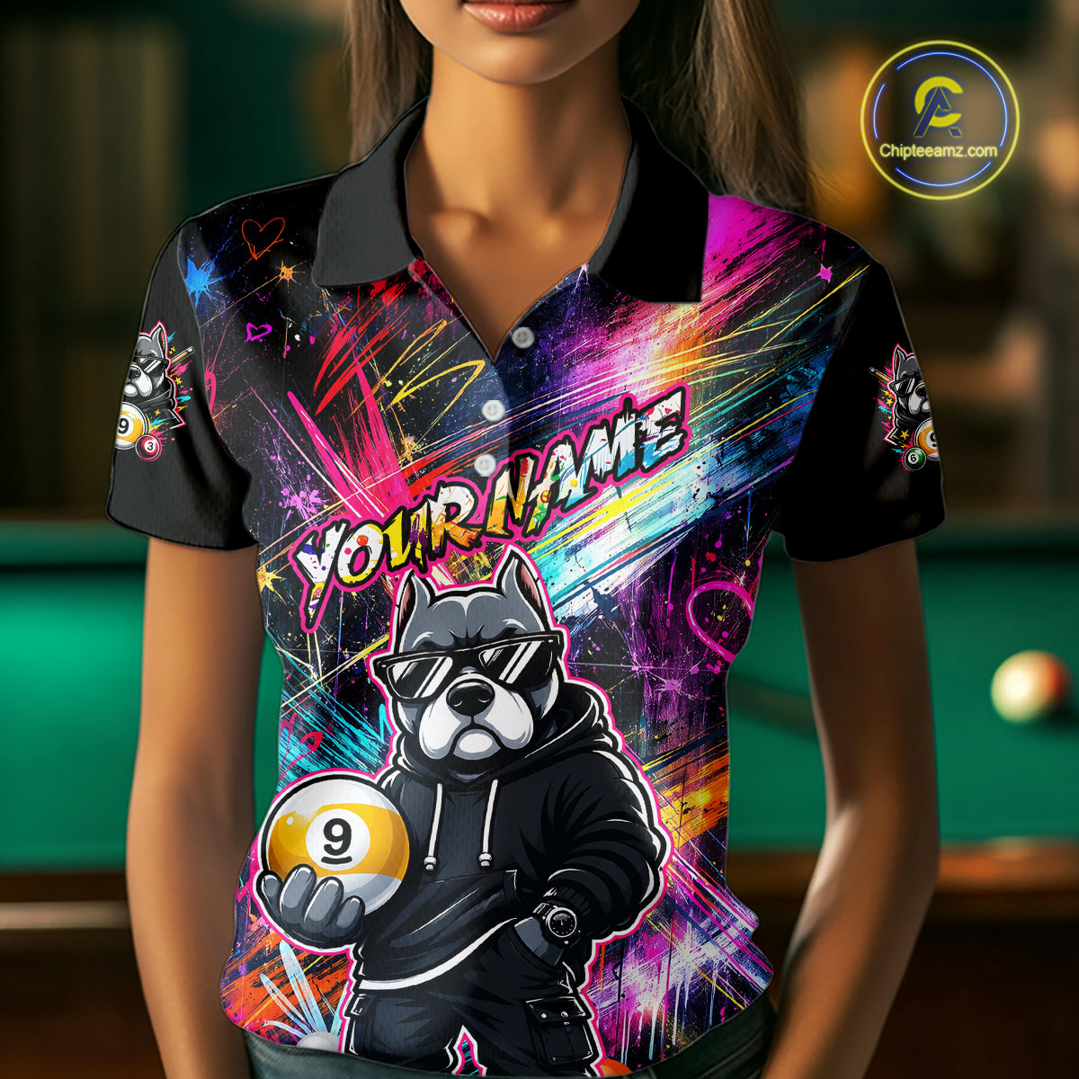 Women wearing personalized billiards polo shirt with a american bully dog holding a nine ball, integrated with colorful streaks and pool ball elements.