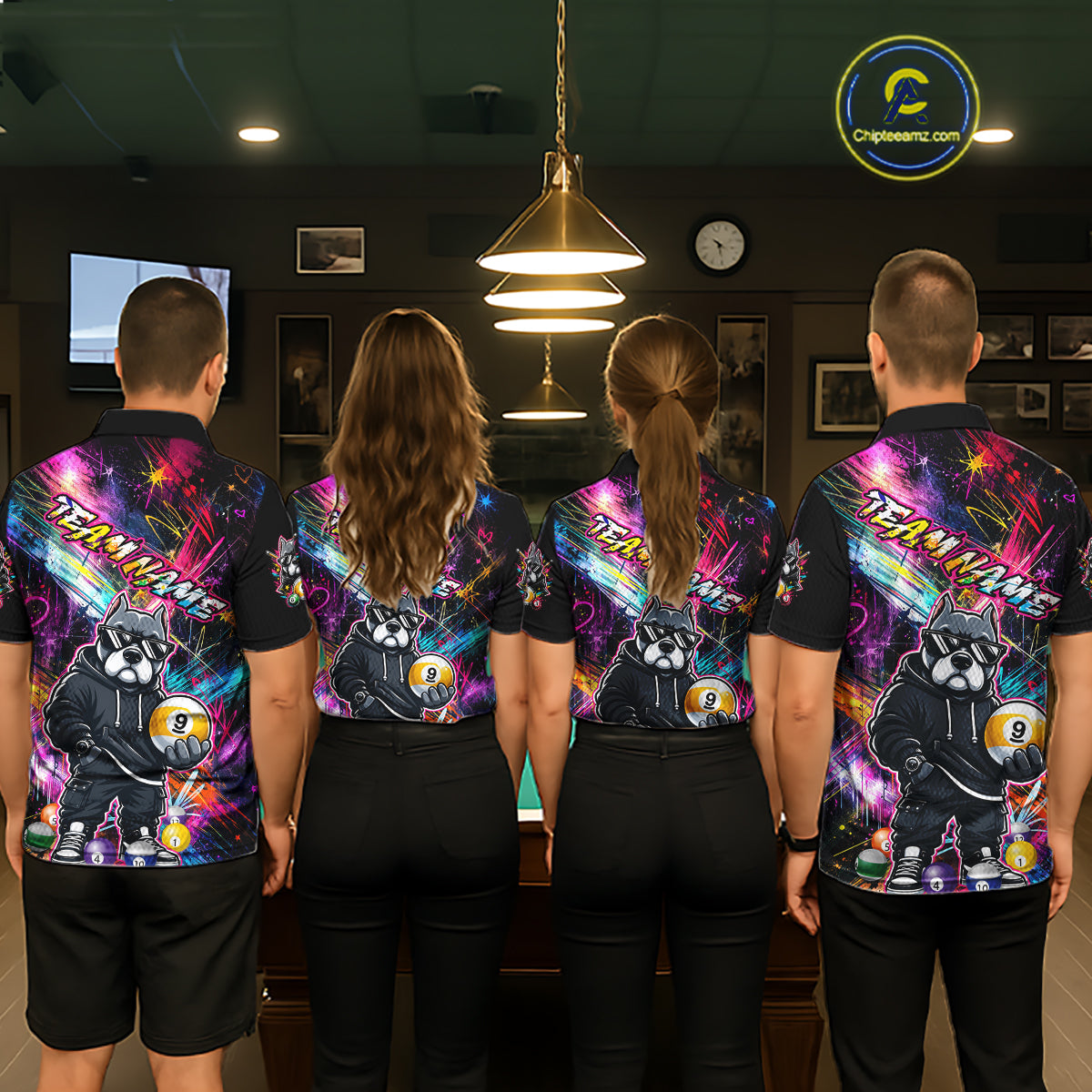 Four people wearing personalized billiards polo shirt with a american bully dog holding a nine ball, integrated with colorful streaks and pool ball elements.