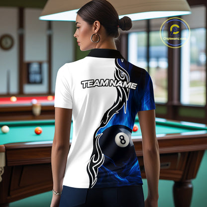 Custom Blue Flame 8 Ball Billiard Shirts for Women Billiard Team Shirts Billiard League Polo & 1/4 Zipper NNT88