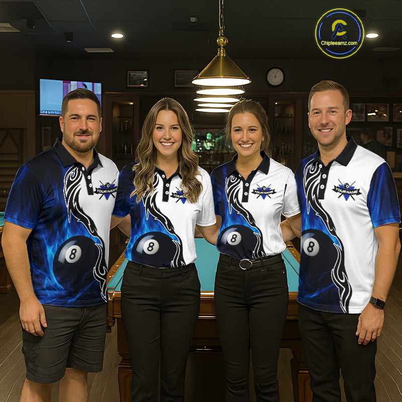 Custom Blue Flame 8 Ball Billiard Shirts for Men Billiard Team Shirts Billiard League Polo & 1/4 Zipper NNT88