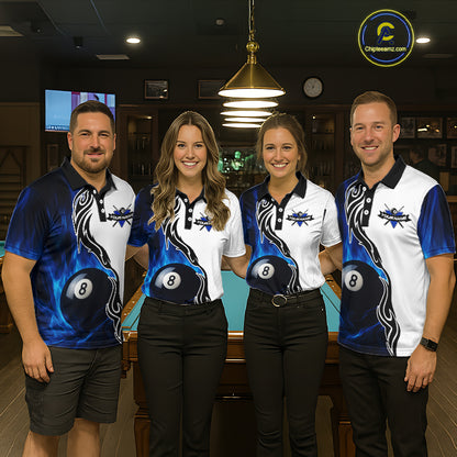Custom Blue Flame 8 Ball Billiard Shirts for Women Billiard Team Shirts Billiard League Polo & 1/4 Zipper NNT88