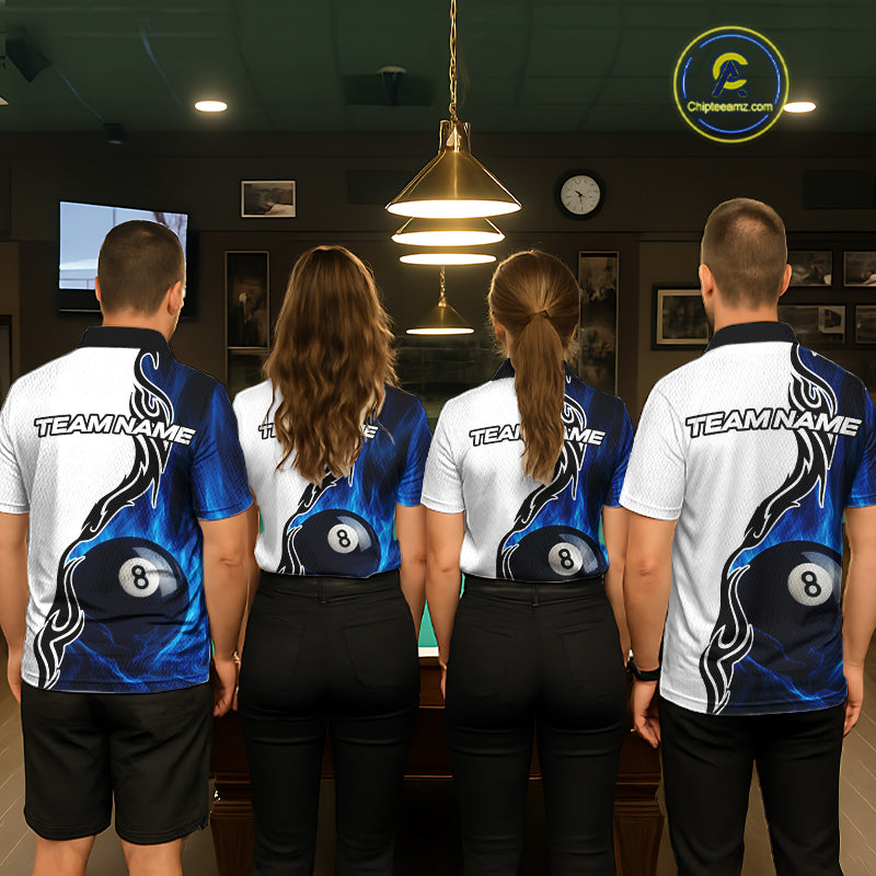 Custom Blue Flame 8 Ball Billiard Shirts for Men Billiard Team Shirts Billiard League Polo & 1/4 Zipper NNT88