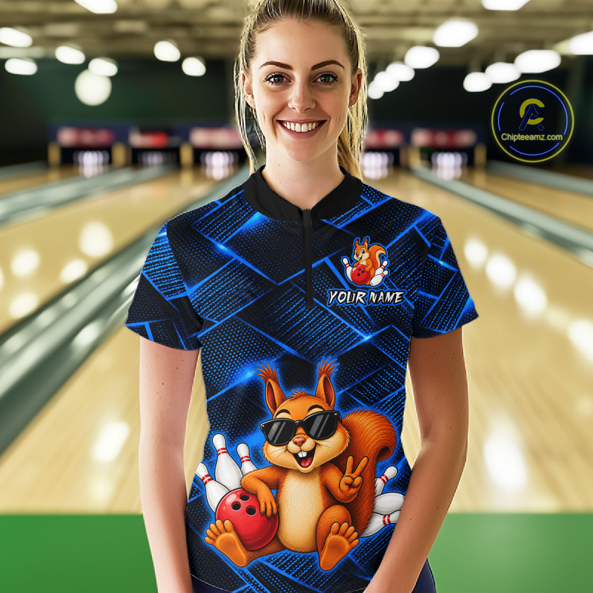 Blue Squirrel Funny Custom Bowling Jersey for Women Bowling Team Shirts Bowling League HNT304