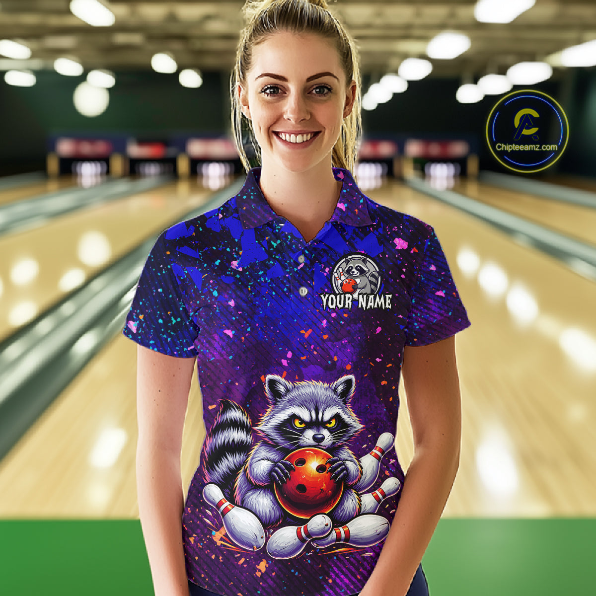 Custom Funny Raccoon Bowling Jersey for Women Bowling Tournament Polo & 1/4 Zip Bowling Team Shirts HNT216