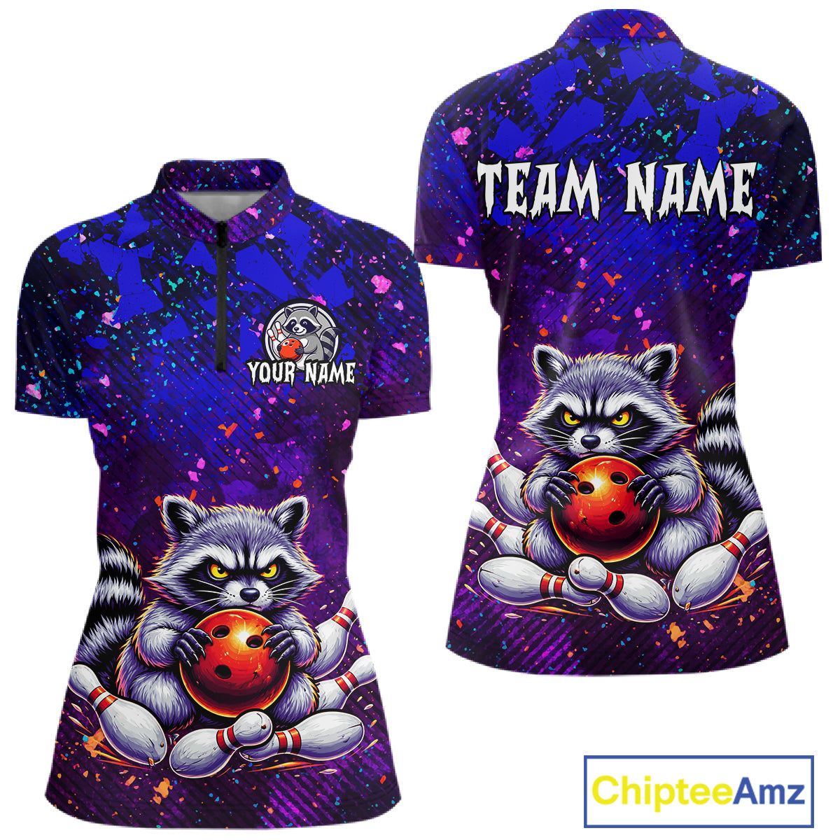 Custom Funny Raccoon Bowling Jersey for Women Bowling Tournament Polo & 1/4 Zip Bowling Team Shirts HNT216