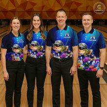 Load image into Gallery viewer, Four people wearing underwater-themed bowling polo featuring a fish mascot wearing sunglasses and a cap, colorful coral reefs, bowling pins, bowling balls, and custom team text.