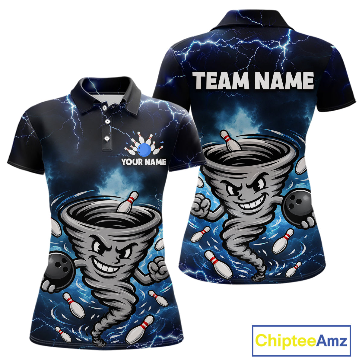 Custom Blue Thunder Lightning Tornado Bowling Jersey for Women Bowling Team Shirts Polo & 1/4 Zip HNT477