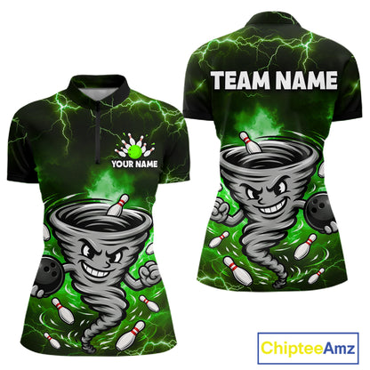 Custom Green Thunder Lightning Tornado Bowling Jersey for Women Bowling Team Shirts Polo & 1/4 Zip HNT477