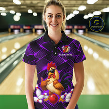 Load image into Gallery viewer, Woman wearing a purple and black bowling polo shirt featuring a cool rooster mascot wearing sunglasses, a red bowling ball, bowling pins, and custom your name text.