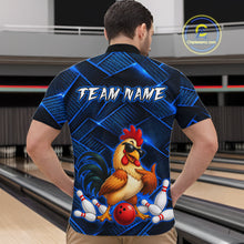Load image into Gallery viewer, Man wearing a blue and black bowling quarter zip shirt featuring a cool rooster mascot wearing sunglasses, a red bowling ball, bowling pins, and custom team name text.