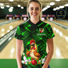 Load image into Gallery viewer, Woman wearing a green and black bowling quarter zip shirt featuring a cool rooster mascot wearing sunglasses, a red bowling ball, bowling pins, and custom your name text.