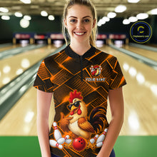 Load image into Gallery viewer, Woman wearing a orange and black bowling quarter zip shirt featuring a cool rooster mascot wearing sunglasses, a red bowling ball, bowling pins, and custom your name text.