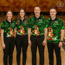 Load image into Gallery viewer, Four people wearing green and black bowling polo shirt featuring a cool rooster mascot wearing sunglasses, a red bowling ball, bowling pins, and custom your name text.