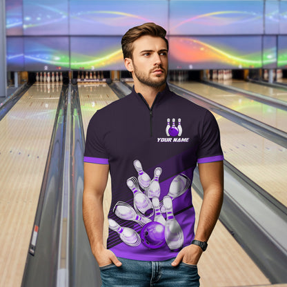 Purple Bowling Jersey for Men Custom Bowling Team Shirts Bowling League Polo & 1/4 Zip HNT166