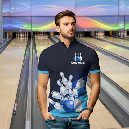 Blue Bowling Jersey for Men Custom Bowling Team Shirts Bowling League Polo & 1/4 Zip HNT166