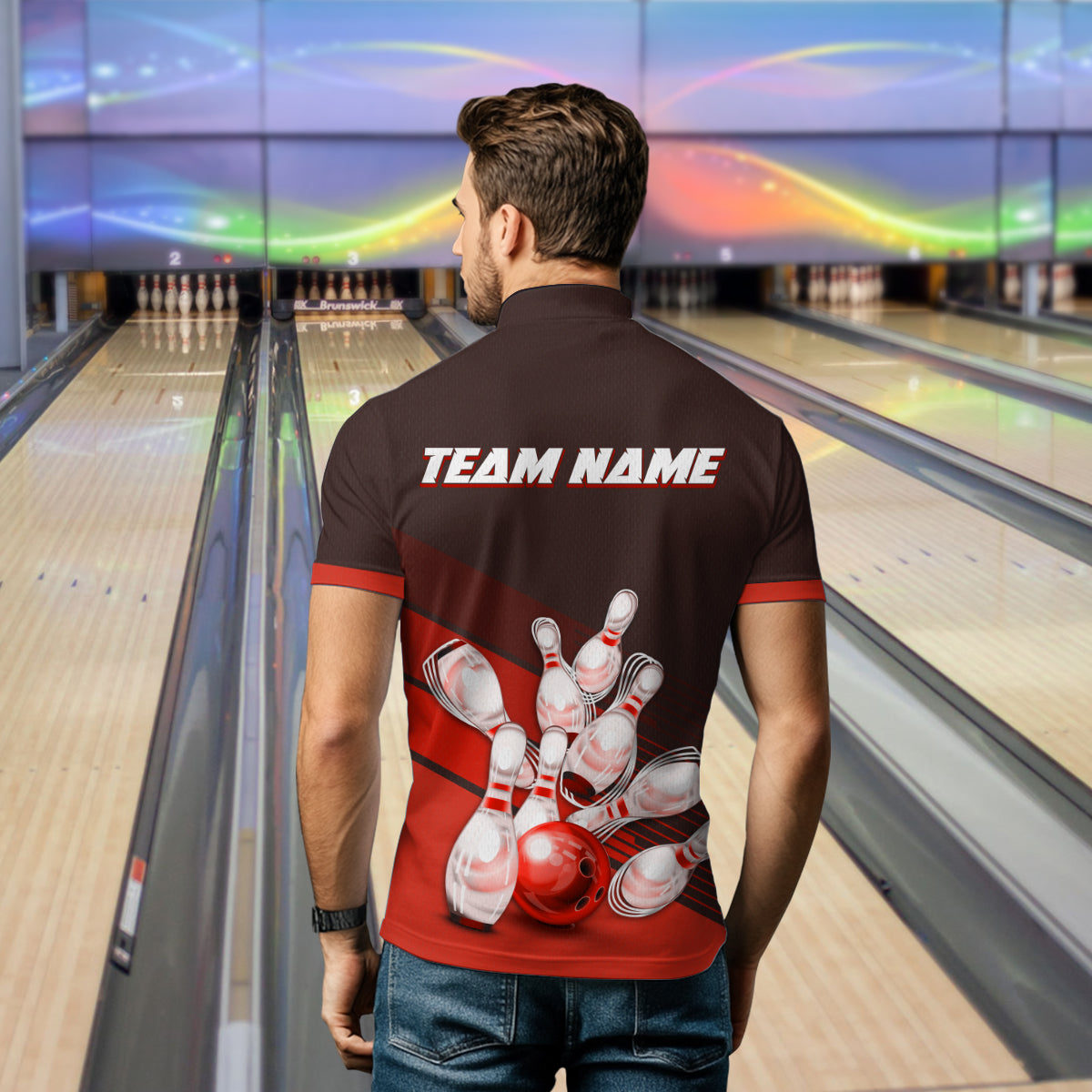 Red Bowling Jersey for Men Custom Bowling Team Shirts Bowling League Polo & 1/4 Zip HNT166