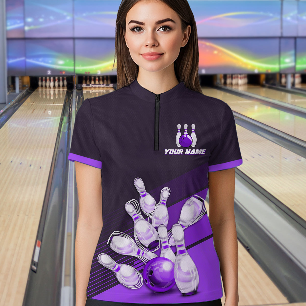 Purple Bowling Jersey for Women Custom Bowling Team Shirts Bowling League Polo & 1/4 Zip HNT166
