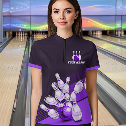 Purple Bowling Jersey for Women Custom Bowling Team Shirts Bowling League Polo & 1/4 Zip HNT166