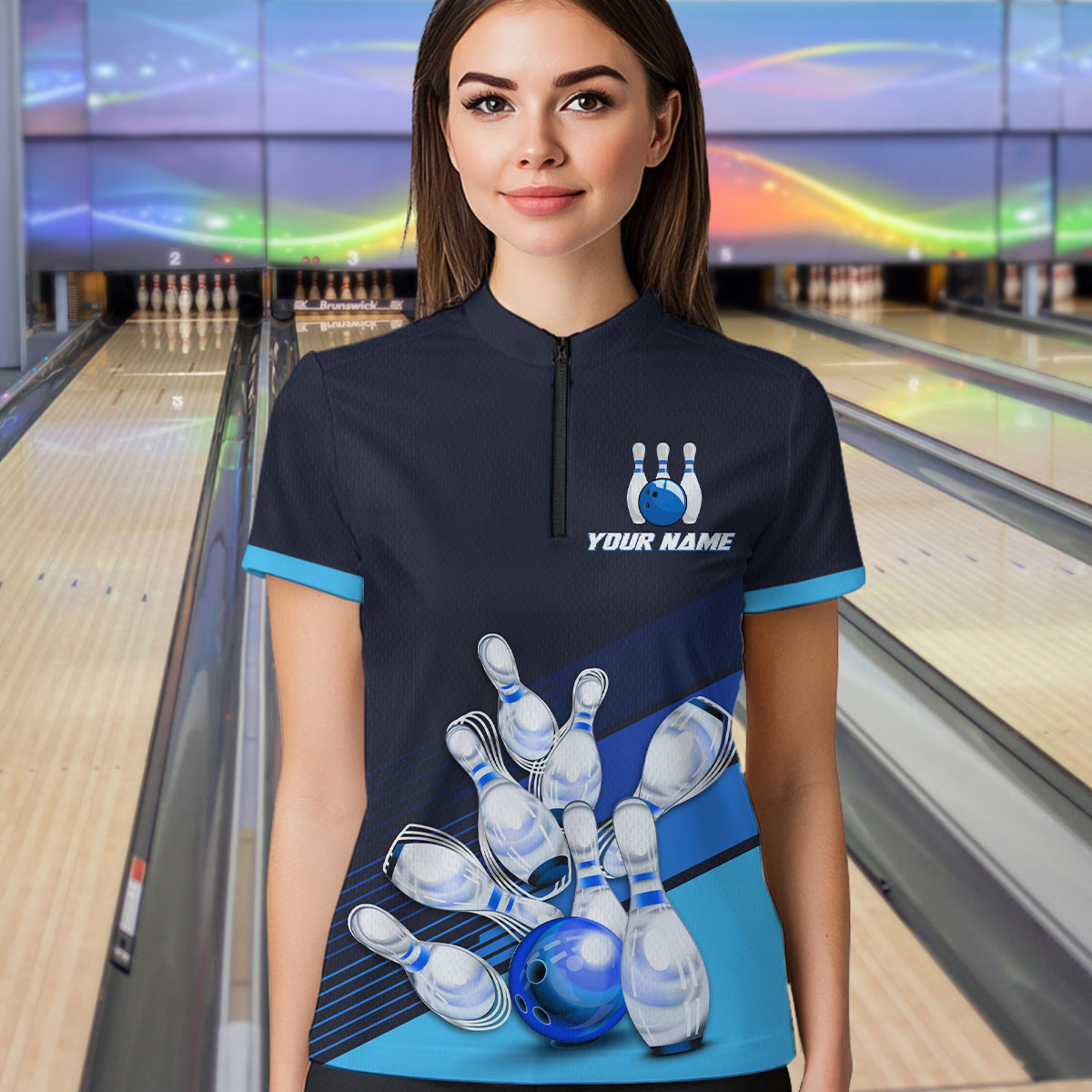 Blue Bowling Jersey for Women Custom Bowling Team Shirts Bowling League Polo & 1/4 Zip HNT166