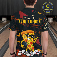 Load image into Gallery viewer, Man wearing a black bowling polo featuring orange grunge graphics, a sunglasses-wearing pizza slice mascot, bowling pins, and custom team name text.