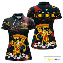 Load image into Gallery viewer, Front and back views of a black bowling polo featuring orange grunge graphics, a sunglasses-wearing pizza slice mascot, bowling pins, and custom team text.