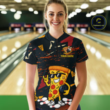 Load image into Gallery viewer, Woman wearing a black bowling quarter zip featuring orange grunge graphics, a sunglasses-wearing pizza slice mascot, bowling pins, and custom your name text.