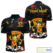 Load image into Gallery viewer, Front and back views of a black bowling quarter zip featuring orange grunge graphics, a sunglasses-wearing pizza slice mascot, bowling pins, and custom team text.