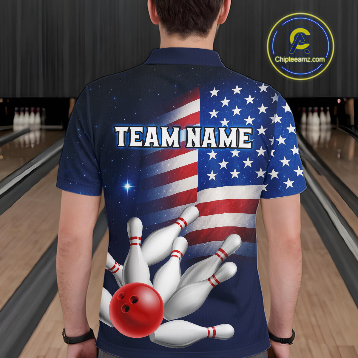 Custom US Flag Galaxy Bowling Jersey for Men Bowling Team Shirts Bowling Polo & 1/4 Zip HNT169