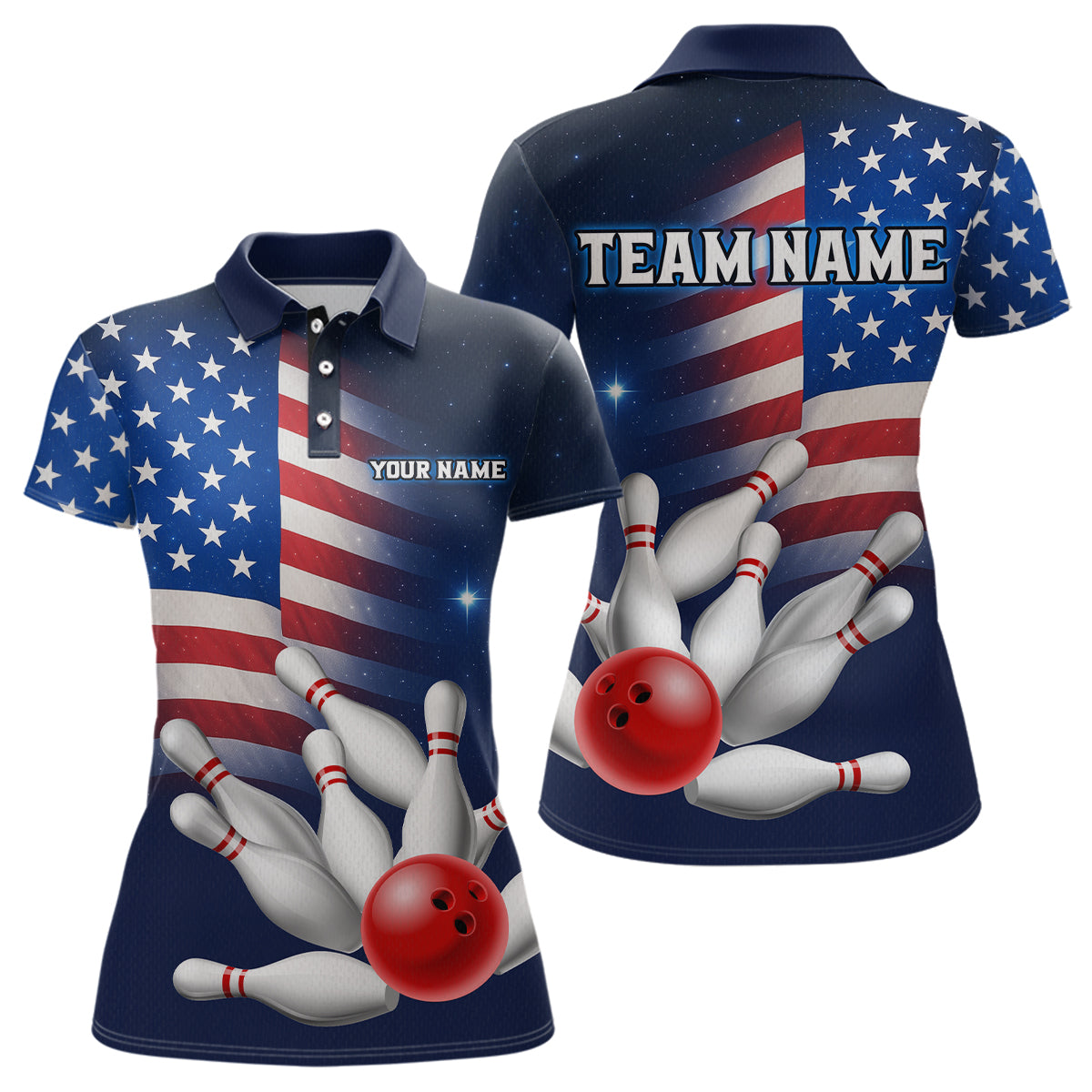 Custom US Flag Galaxy Bowling Jersey for Women Bowling Team Shirts Bowling Polo & 1/4 Zip HNT169