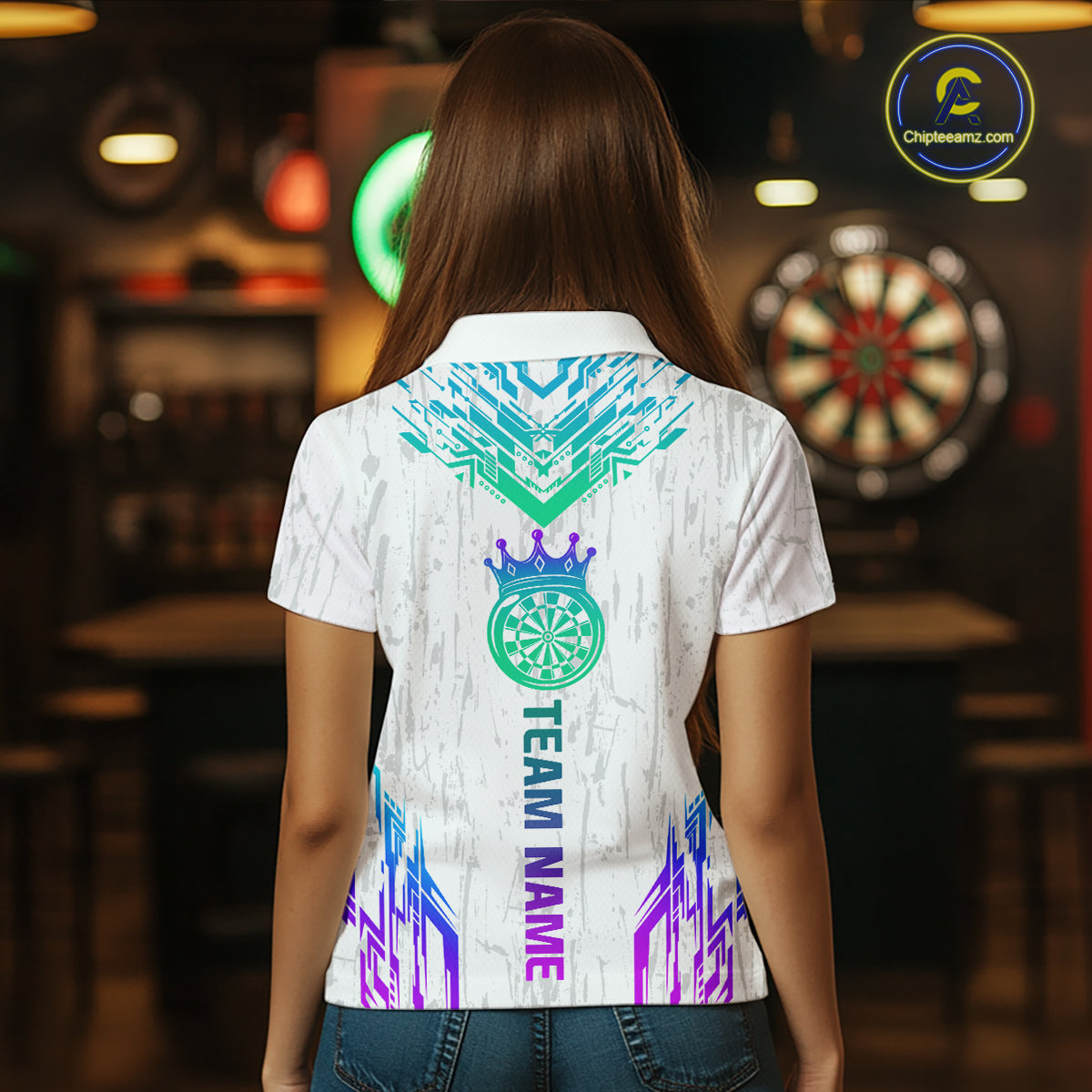 Custom Neon White Crown Dart Shirts for Women Darts Team Jerseys Dart League Polo & 1/4 Zip NNT140